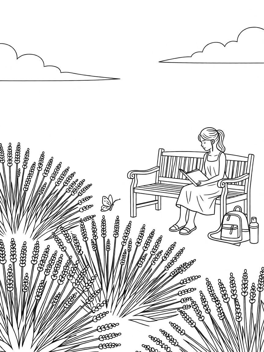 A field of lavender swaying in the wind, with a garden bench softly visible in the background.
