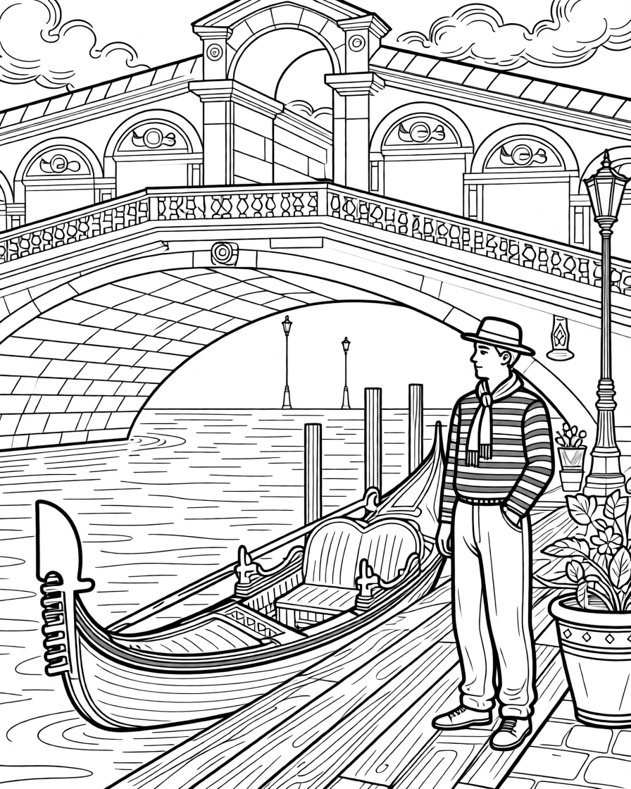 A gondolier's dock beneath the arches of an old stone bridge.