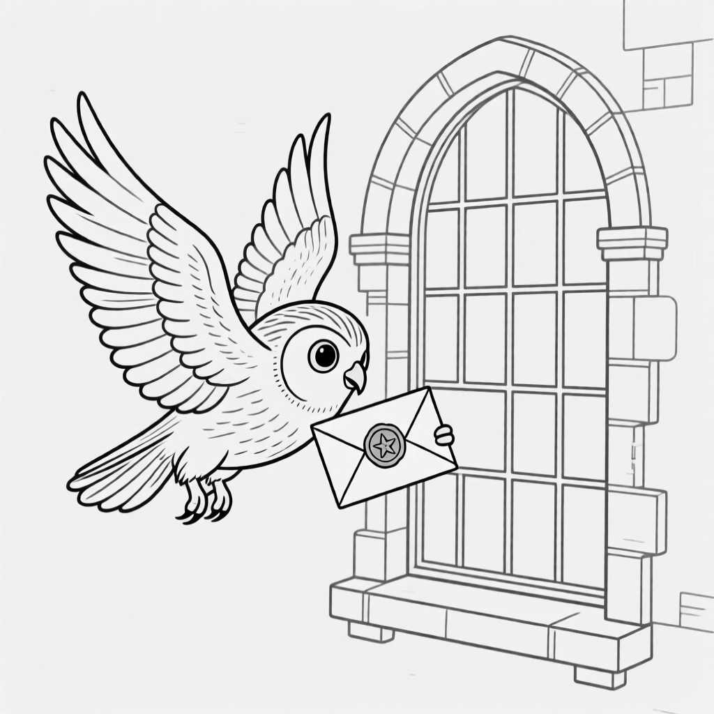 A wizard's owl delivering a letter to a castle window