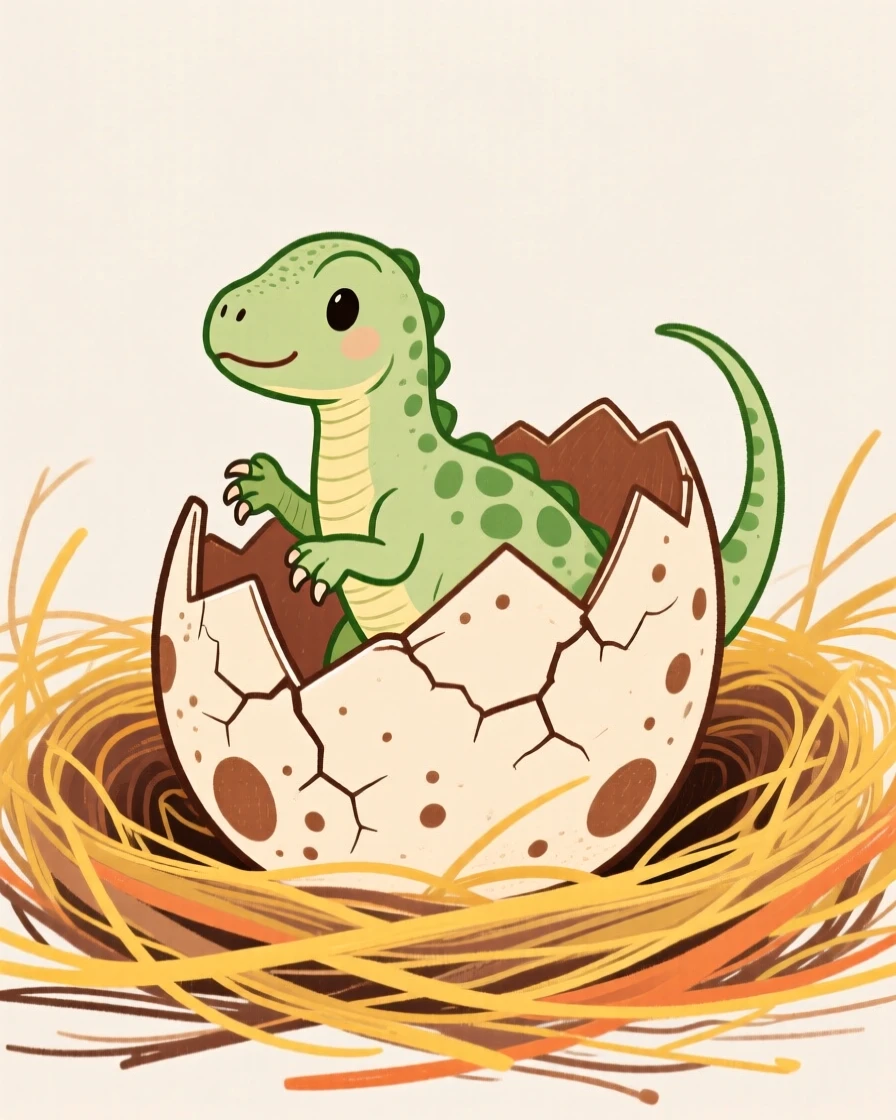 A baby dinosaur hatching from a speckled egg in a nest.