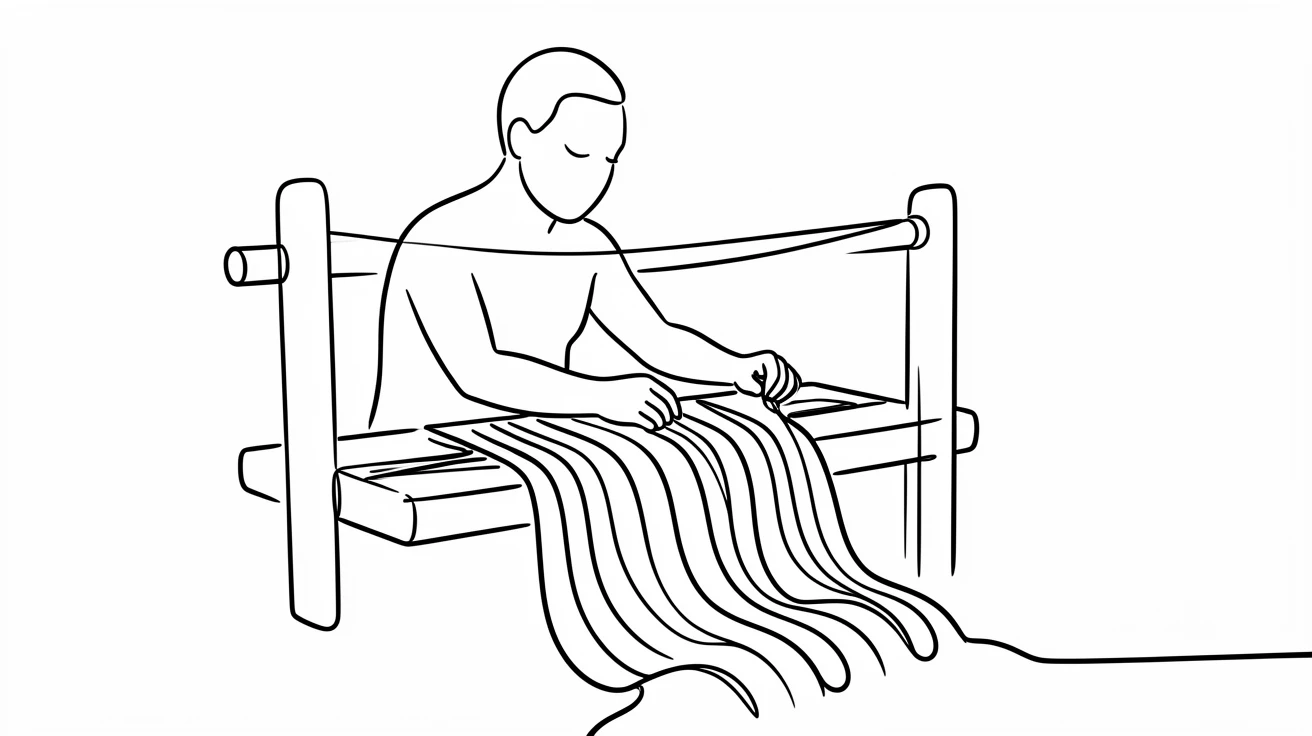 A traditional Ghanaian kente cloth weaver working at a wooden loom