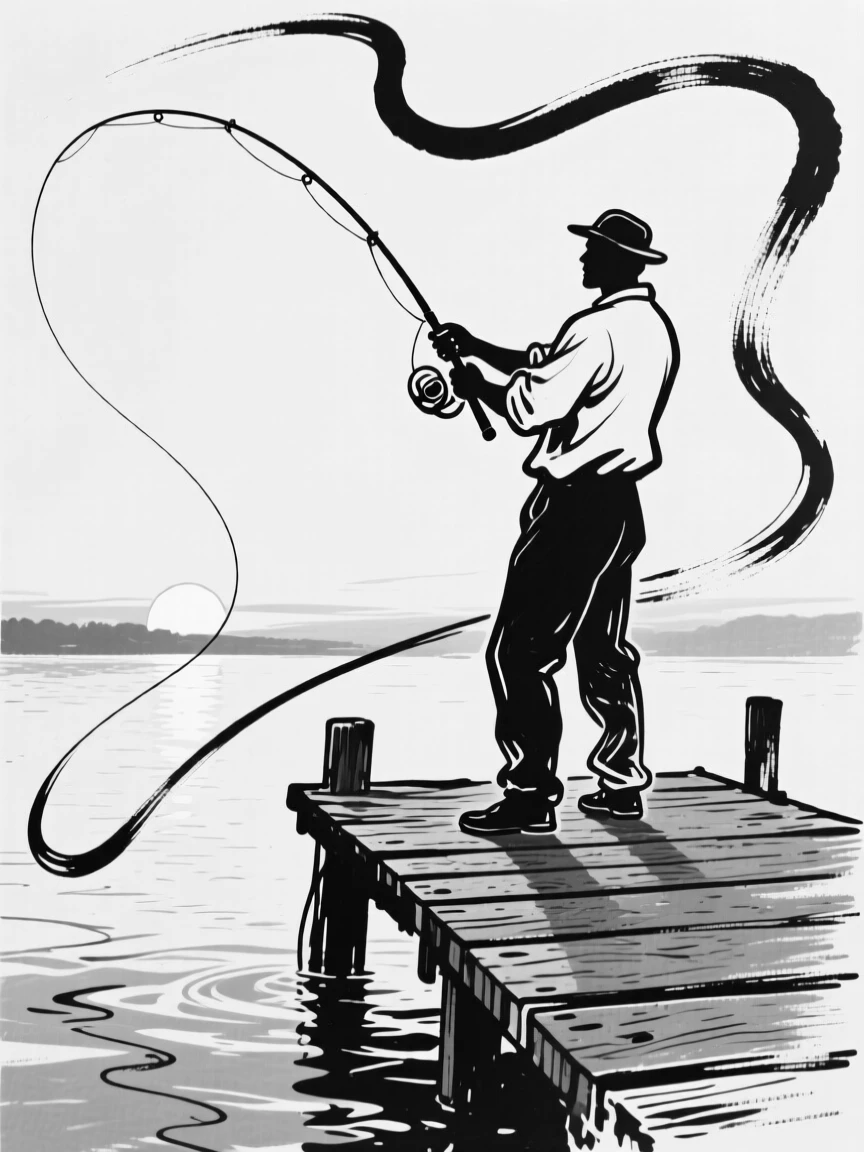 A fisherman casting a line from a wooden dock at dawn.