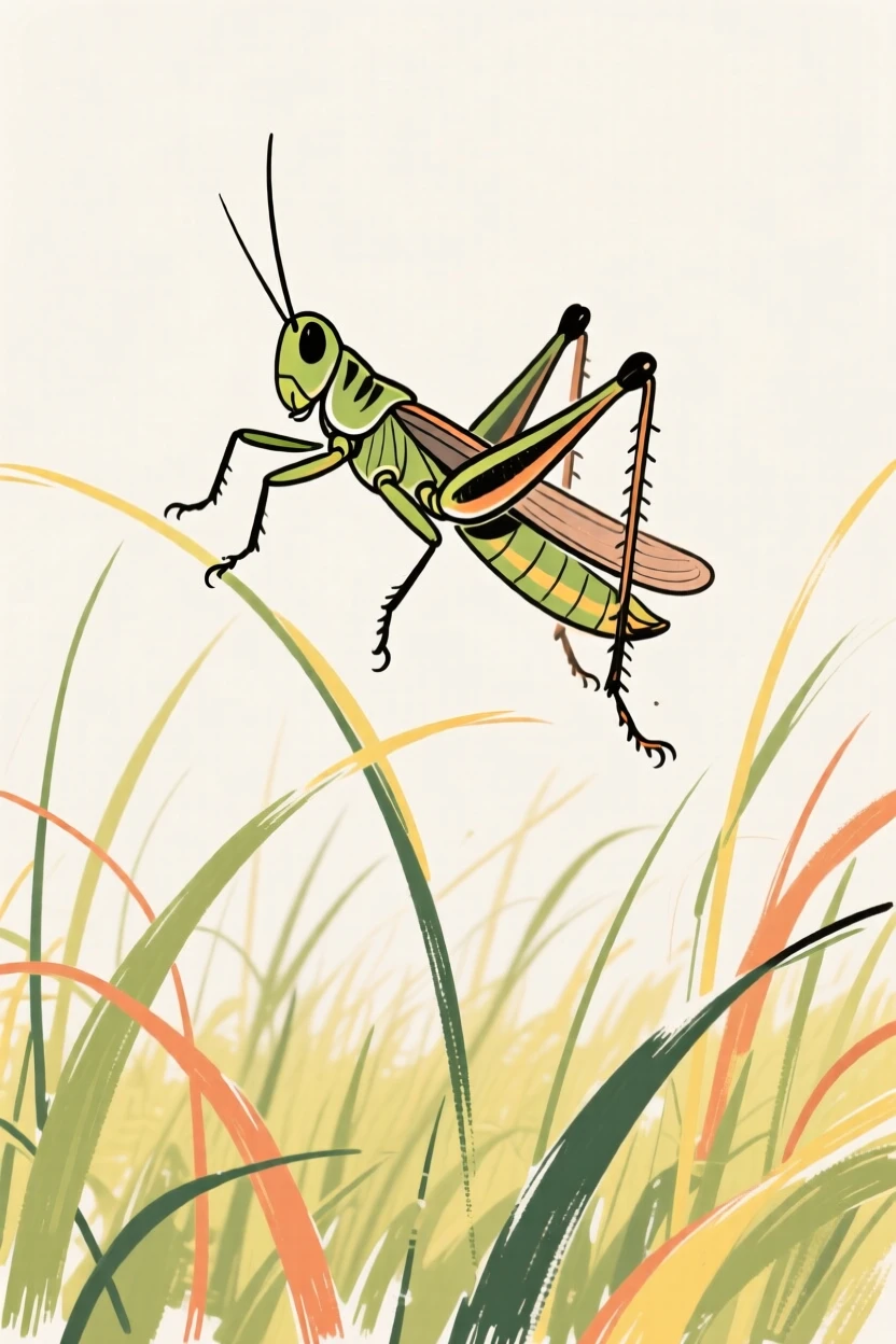 A grasshopper leaping through a field of tall summer grass.