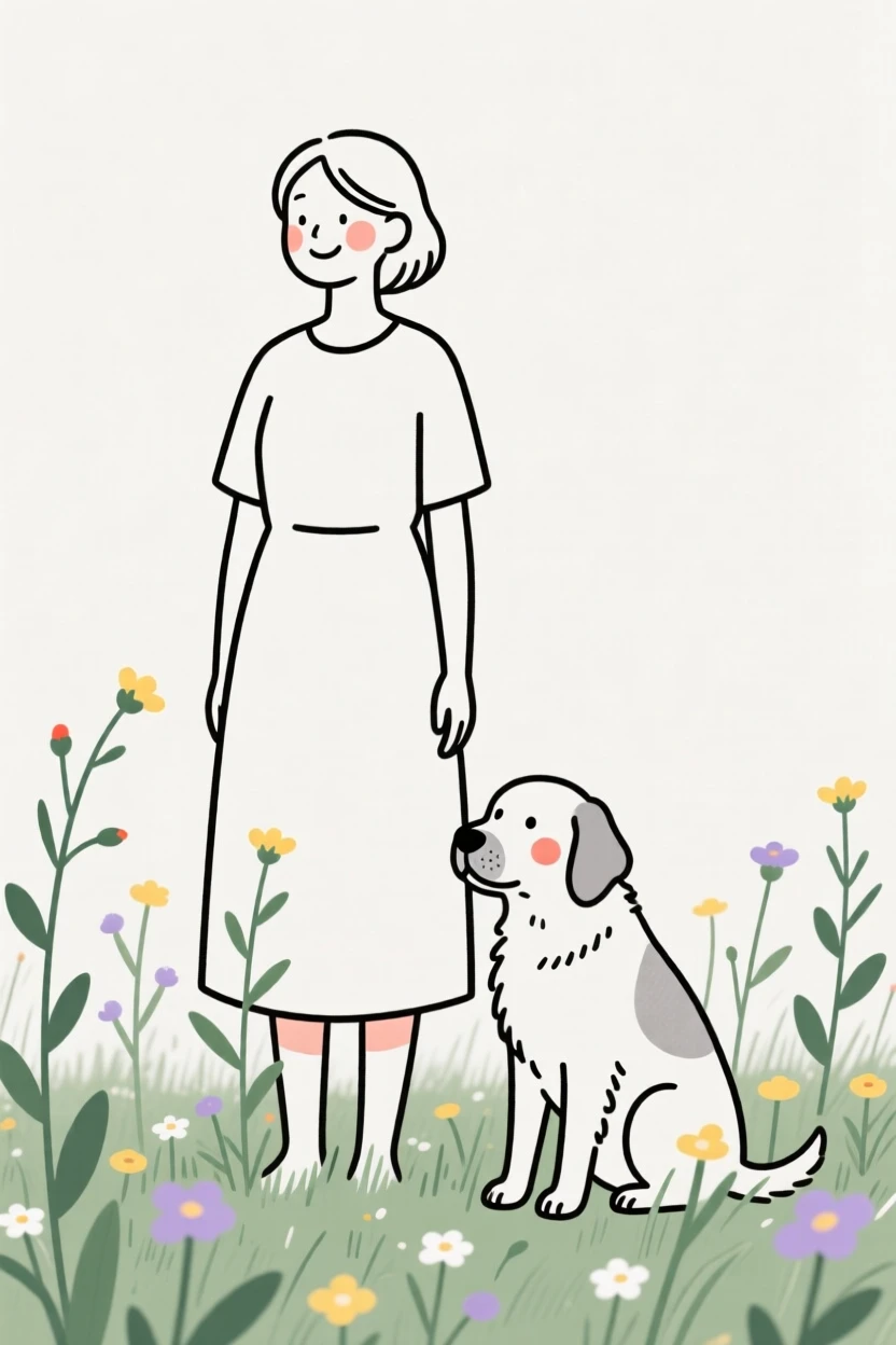 A mother with a loyal old dog, radiating quiet confidence, in a field of wildflowers.