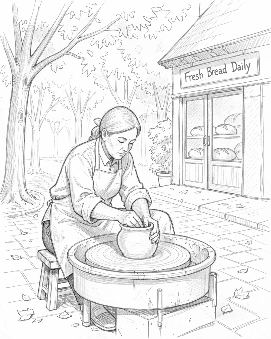 A warm everyday moment: an artisan shaping clay on a pottery wheel along a quiet tree-lined avenue, with the scent of fresh bread lingering in the air.