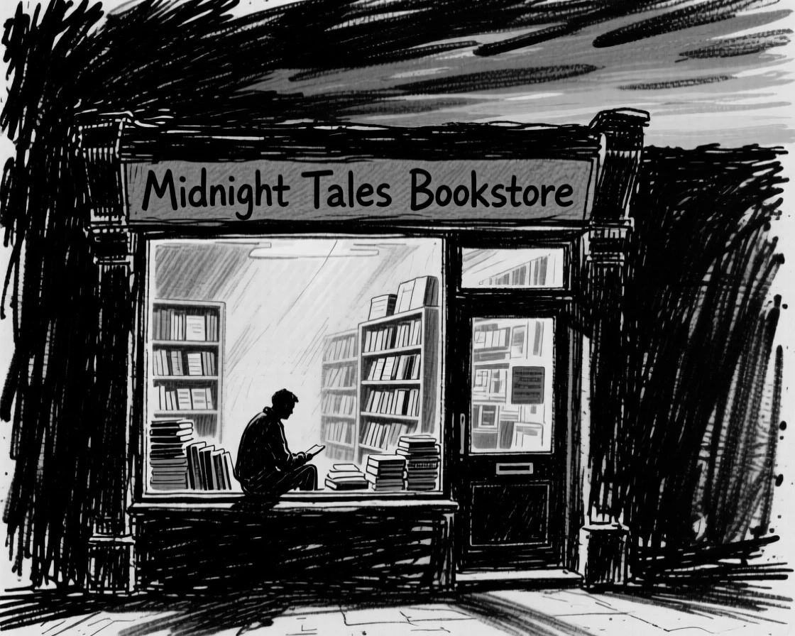 A late-night bookstore with a single reader by the window, beneath a sky streaked with sunset colors.