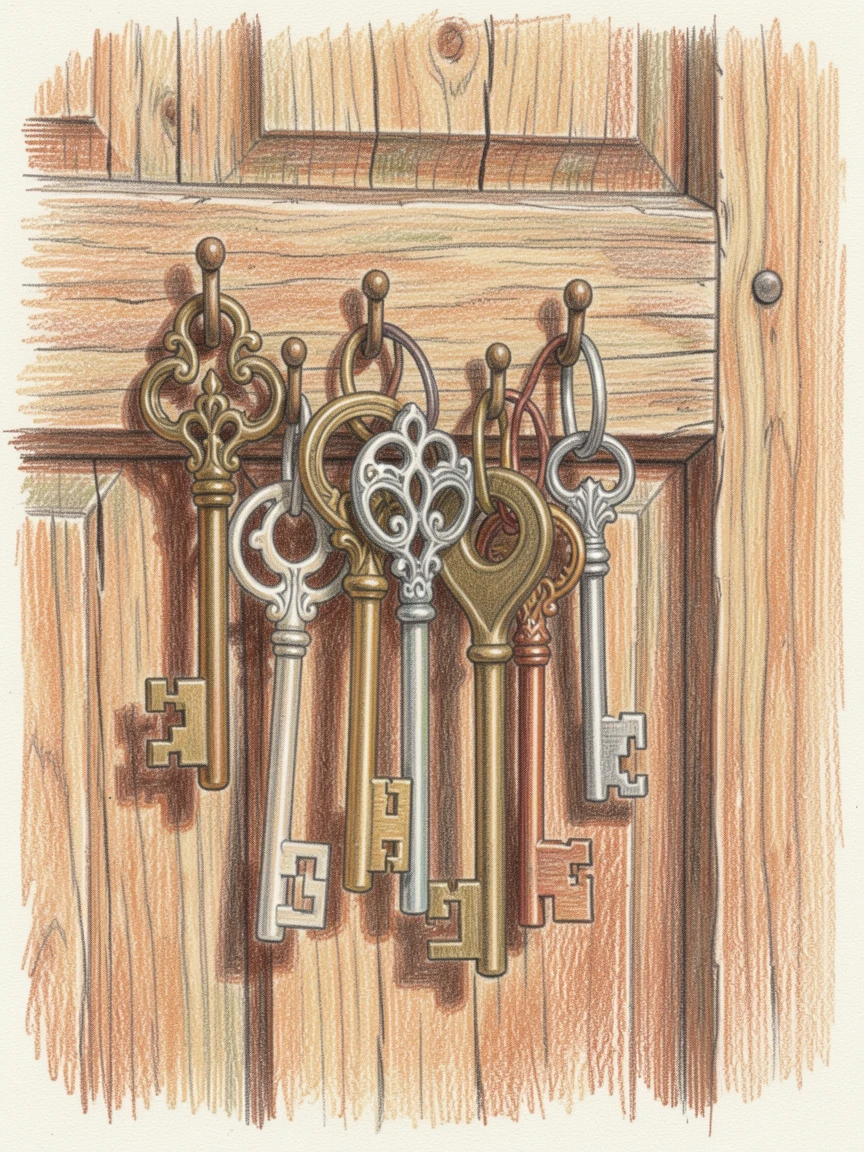A collection of vintage keys hanging on an old wooden door, with rich textures and fine decorative details, full of storytelling character and warmth.