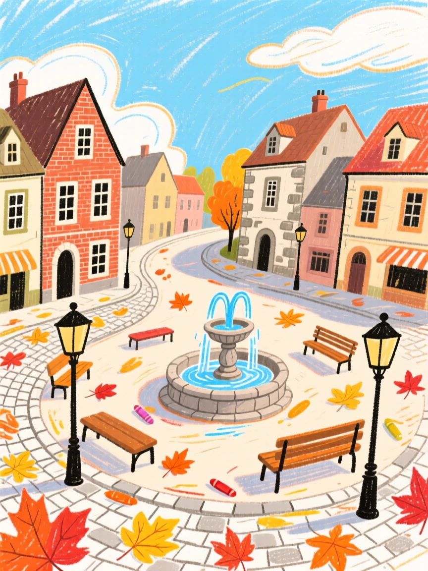 A view of a historic town square dusted with autumn leaves along its streets.