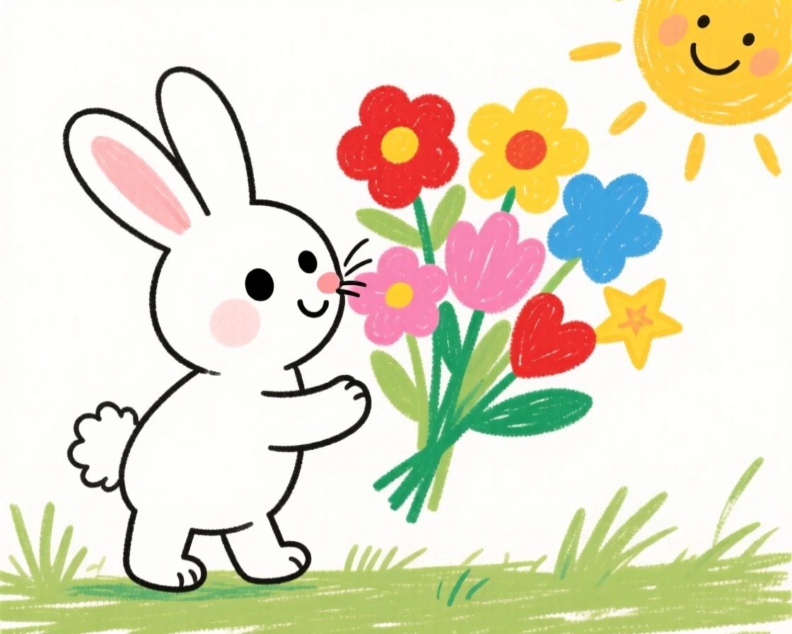 A small white rabbit sniffing a bouquet of fresh flowers.
