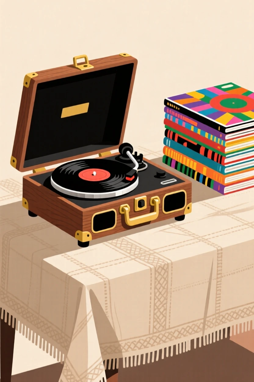 A vintage record player with a stack of colorful album covers, arranged on a rustic linen tablecloth, arranged with soft layered shadows adding dimension, with a clean, elegant simplicity.