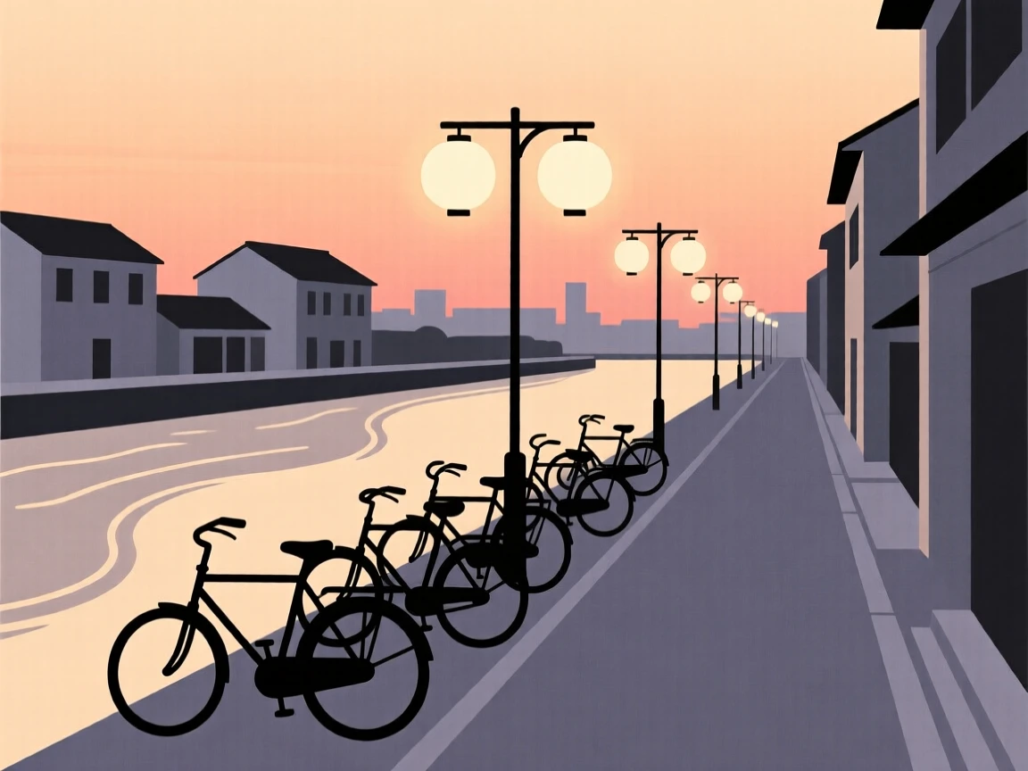 A journey through a riverside city at dusk toward a lantern-lit street, passing a row of parked bicycles, full of cultural wonder.