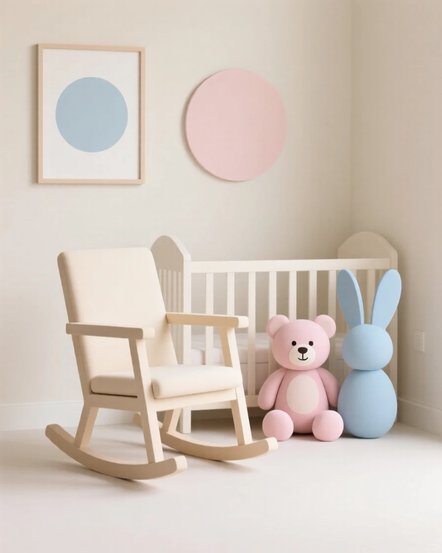 A nursery with a rocking chair and soft toys