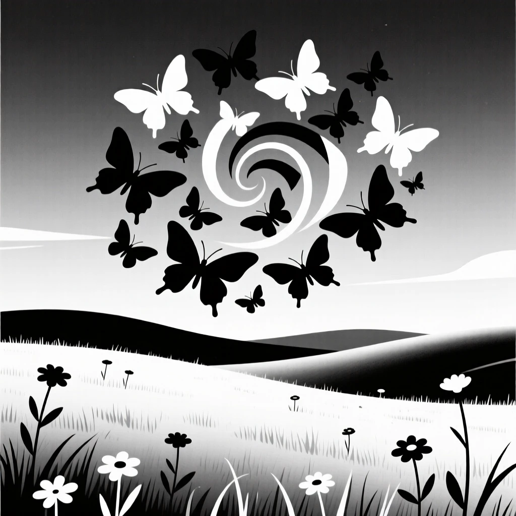 A swarm of butterflies over a meadow under a summer evening sky.