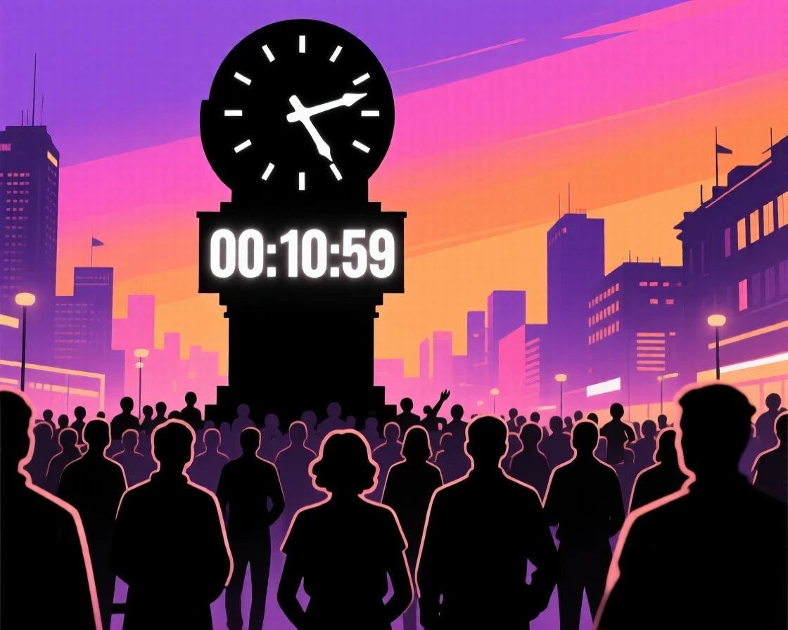A crowded city square counting down beneath a giant illuminated clock.
