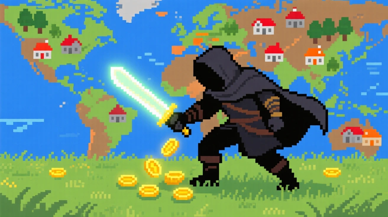 A rogue with a glowing dagger collecting glowing coins in a grassy field, on a colorful world map dotted with towns.