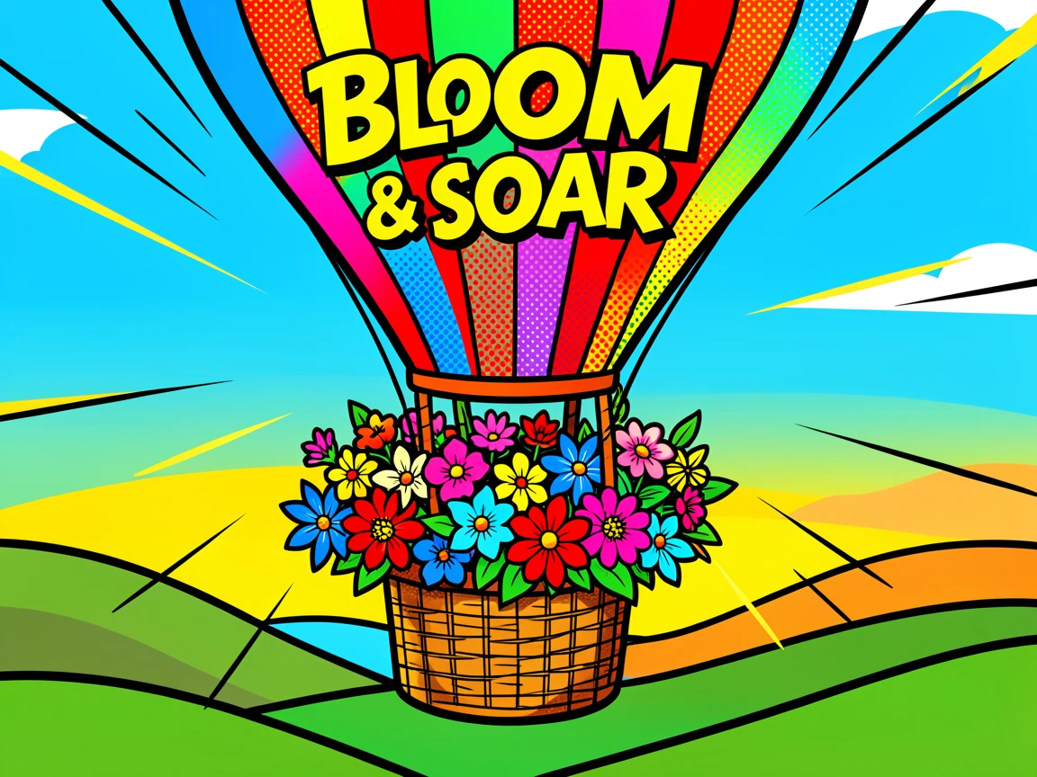 A hot air balloon basket filled with flowers drifting over hills