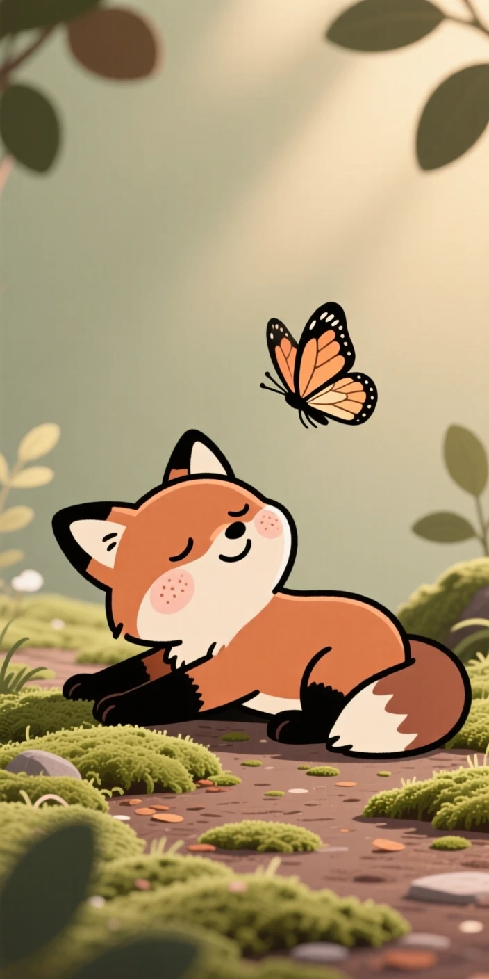 A playful baby fox stretching after a nap in a mossy garden path, pausing to look up with curious, gentle eyes as a butterfly drifts past.