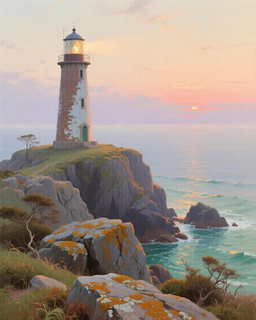 A panoramic view of a lighthouse standing sentinel on a rocky windswept point, at the start of a humid summer, in the last light of sunset.