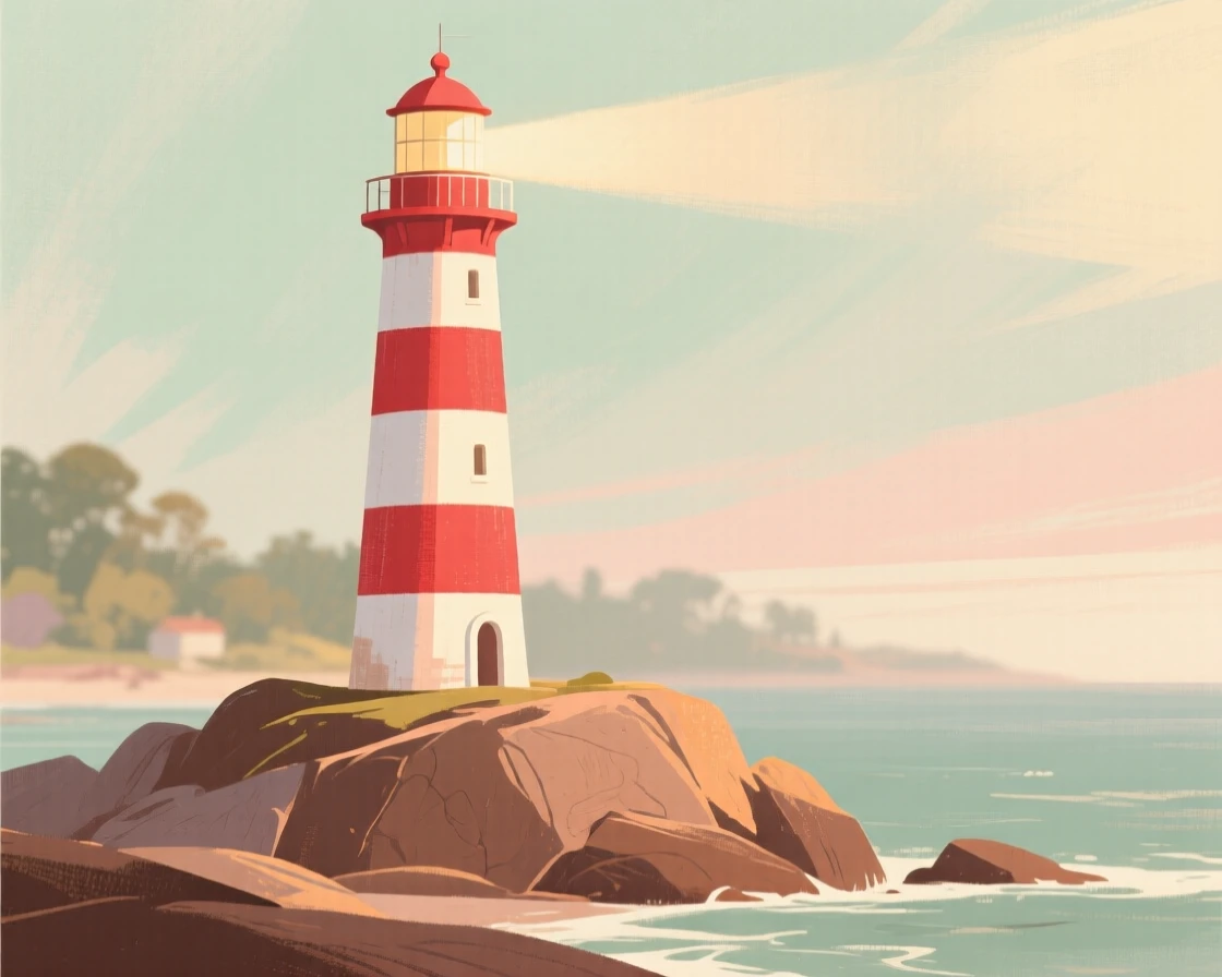 A red-and-white striped lighthouse standing on a rocky point
