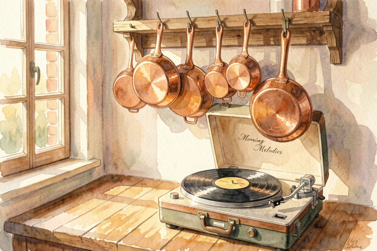 A sunlit kitchen with hanging copper pots with a record player softly spinning.