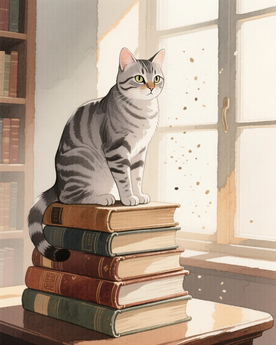 A gray tabby cat perches on a stack of old books, watching dust motes drift through a beam of afternoon light from a library window