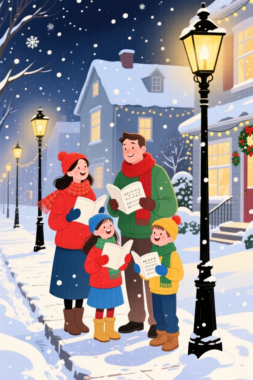A festive scene of a family caroling together in the snow under streetlamps.