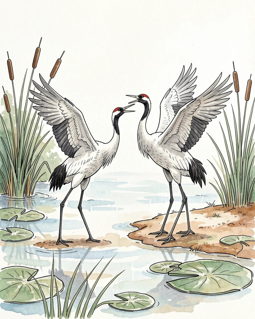 A pair of cranes performing an elegant courtship dance in a wetland, the natural world carrying on undisturbed around them.