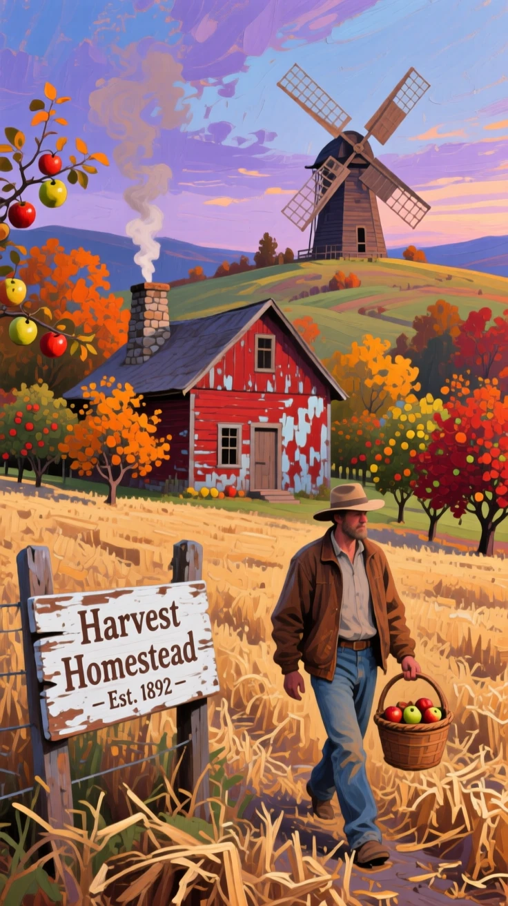 A rustic farmhouse surrounded by orchards, with a windmill turning slowly in the distance, a farmer walking along the edge of the field at dusk, in late autumn, after the harvest, stubble fields stretching out.