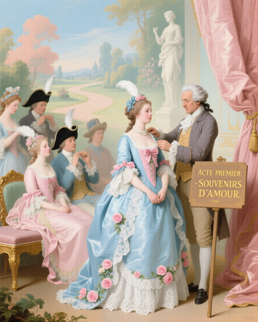 A theater backstage scene with actors adjusting costumes before the curtain rises  