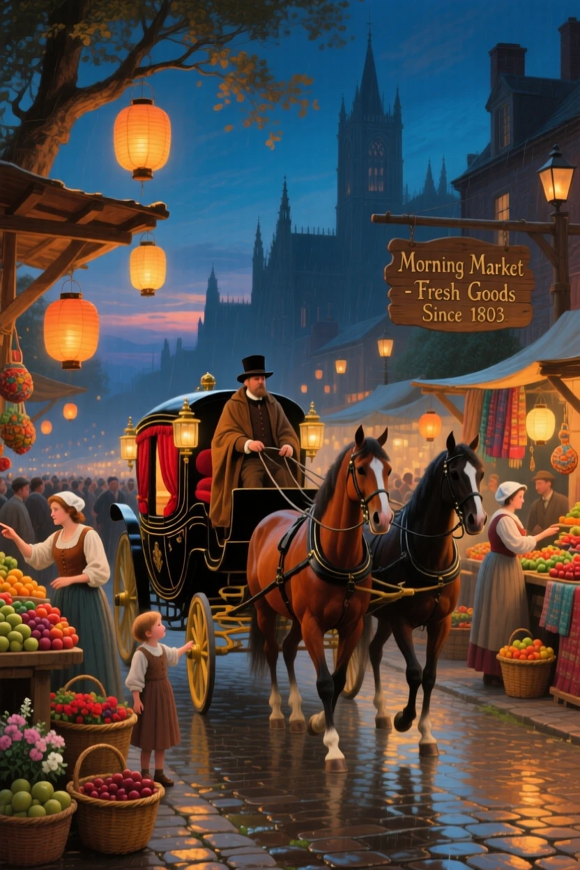 A carriage parades through a lantern-lit night market on a busy market morning.
