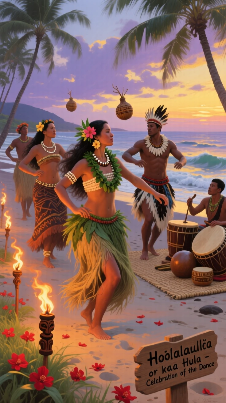 Native Hawaiian dancers performing hula on a torch-lit beach at dusk, with intricate cultural details woven throughout the composition, bringing a vivid, immersive moment of history to life