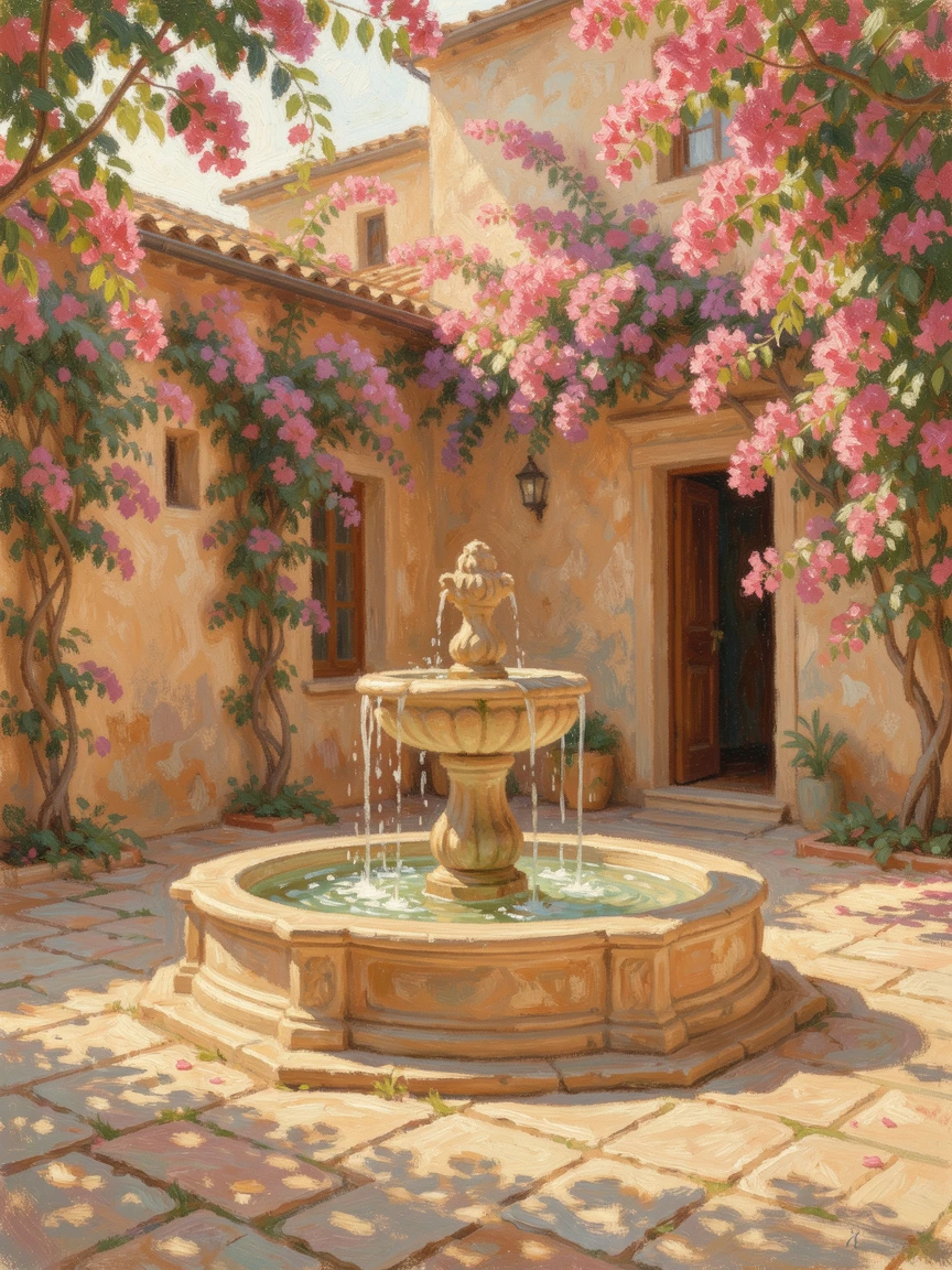 A quiet courtyard fountain in an old Spanish villa, bougainvillea climbing the surrounding walls, filled with warmth and nostalgia.