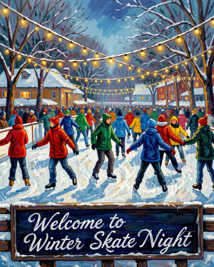 A crowded skating rink glowing beneath string lights on a crisp winter evening.