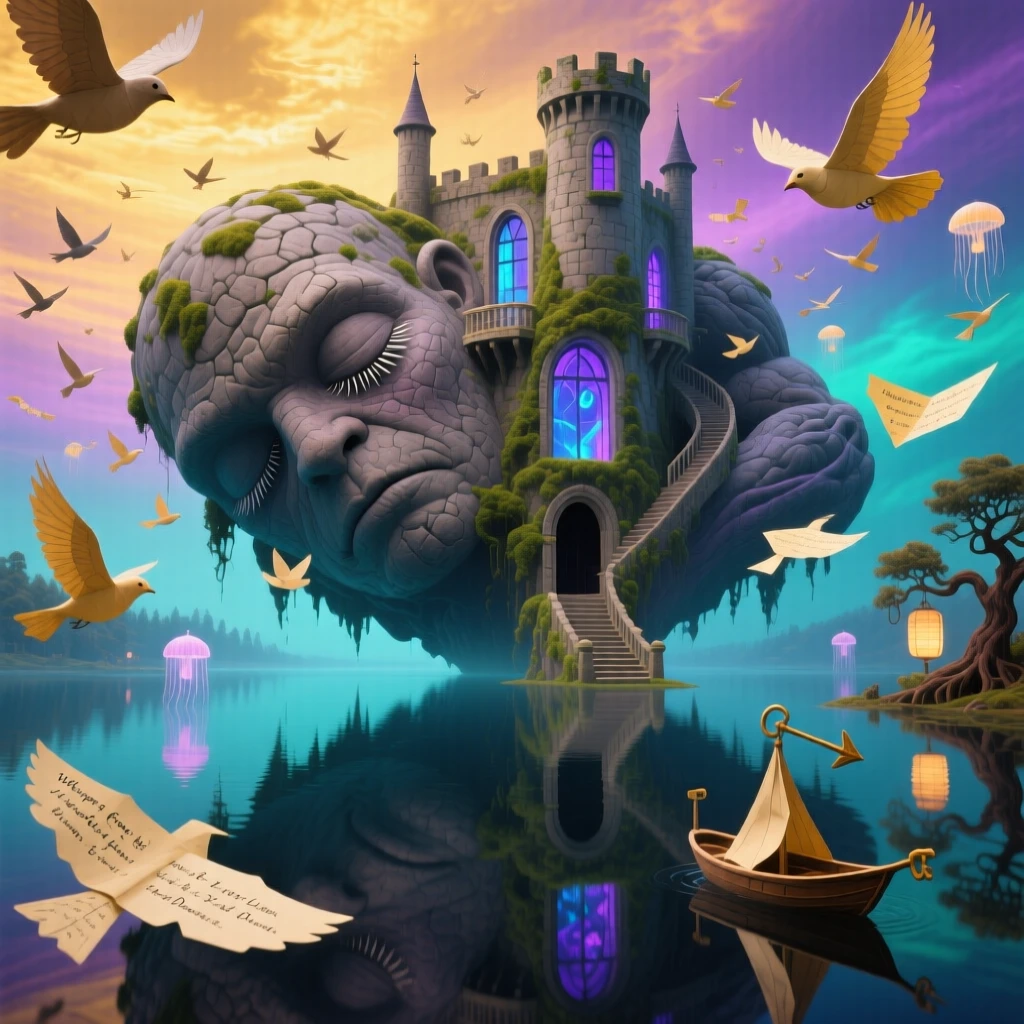 A fortress carved from a single sleeping giant hovers just above a mirror-still lake, while birds made of paper drift past its windows.