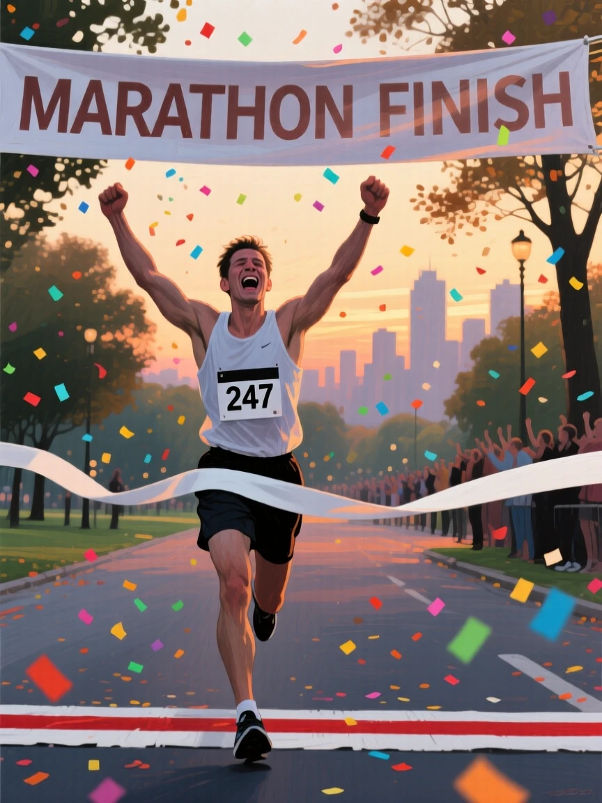 A determined marathon runner crosses a finish line at dusk, arms raised triumphantly as confetti falls around an exhausted, joyful expression, the surrounding environment framing them naturally without overwhelming the human focus of the scene.