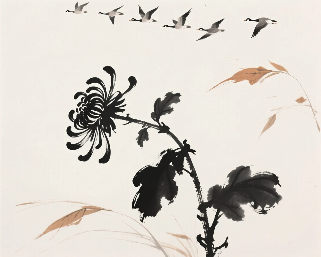 A single chrysanthemum stem bends gently under an autumn breeze, as geese pass overhead in the distance.