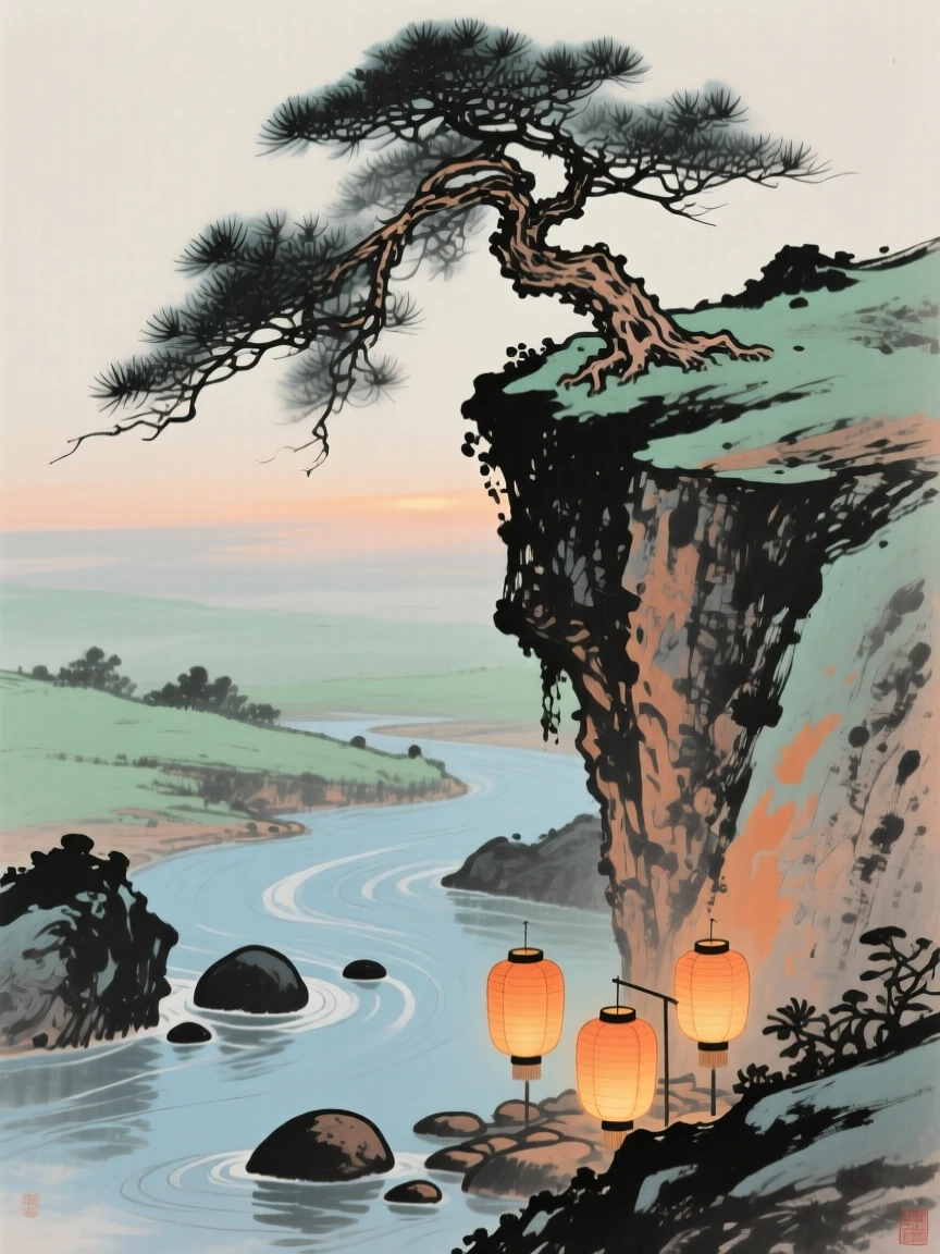 A solitary pine clinging to a rocky cliff edge, where the current carves gentle ripples around smooth stones, touched with gentle melancholy, as lanterns are lit for the evening.