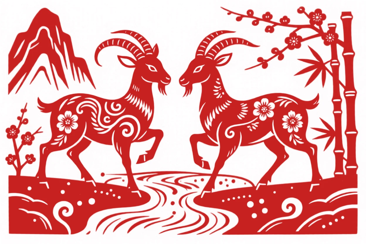 A mountain goat, playing beside a mountain stream, paired with a second companion nearby, echoing its every move.