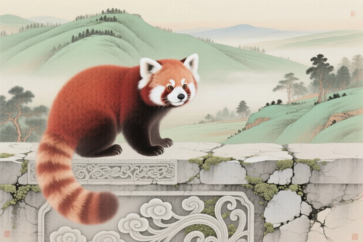 A red panda perched on a low stone wall overlooking a valley