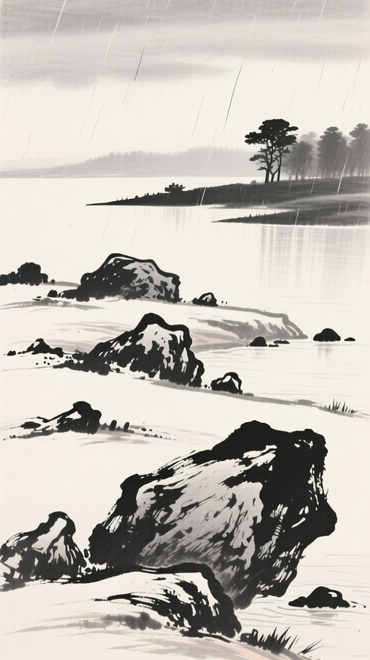 A windswept plateau scattered with wind-carved boulders while a light rain blurs the distant tree line, seen from across the water, the far shore reduced to soft silhouette, capturing a fleeting, serene moment suspended in time.