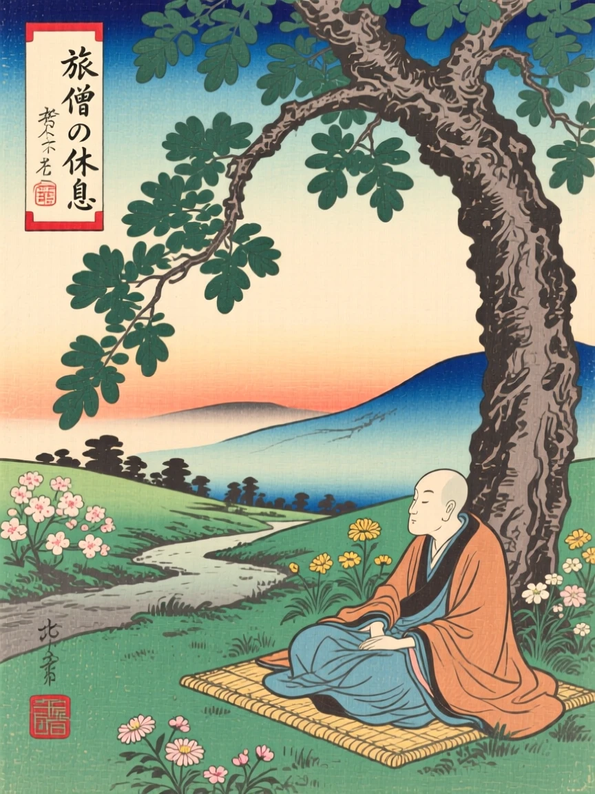 A traveling monk resting beneath a shade tree at day's end.