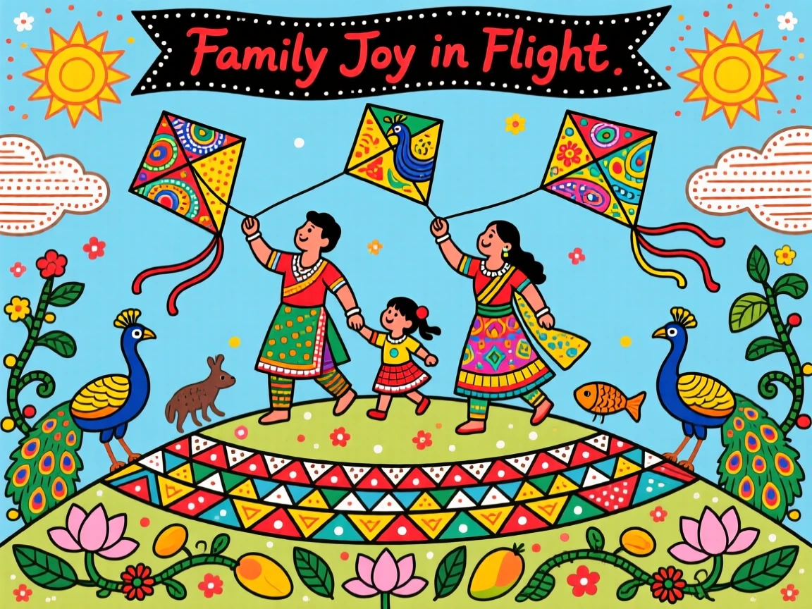 A family flying kites together on a breezy hilltop.