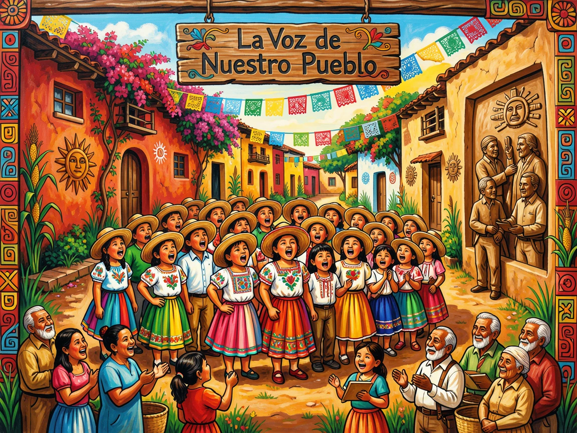 A group of children singing together in a village square