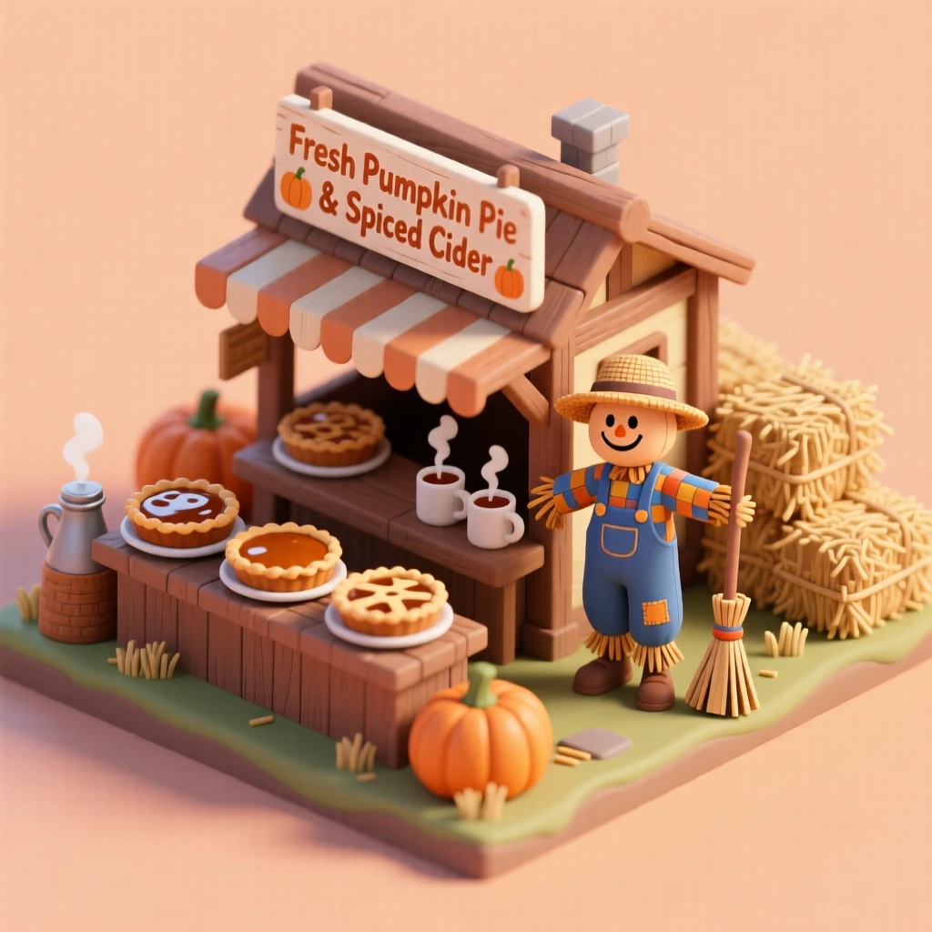 A rustic pumpkin patch stand selling pies and spiced cider, hay bales stacked nearby, and a scarecrow guarding the entrance.