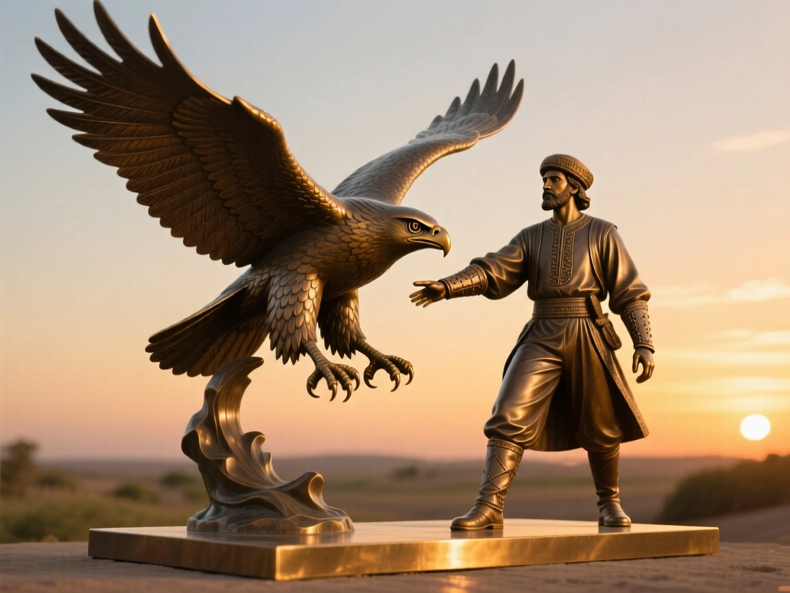 A majestic falcon returning to its handler at sunset, rendered with rich, dynamic energy, evoking wonder and majesty