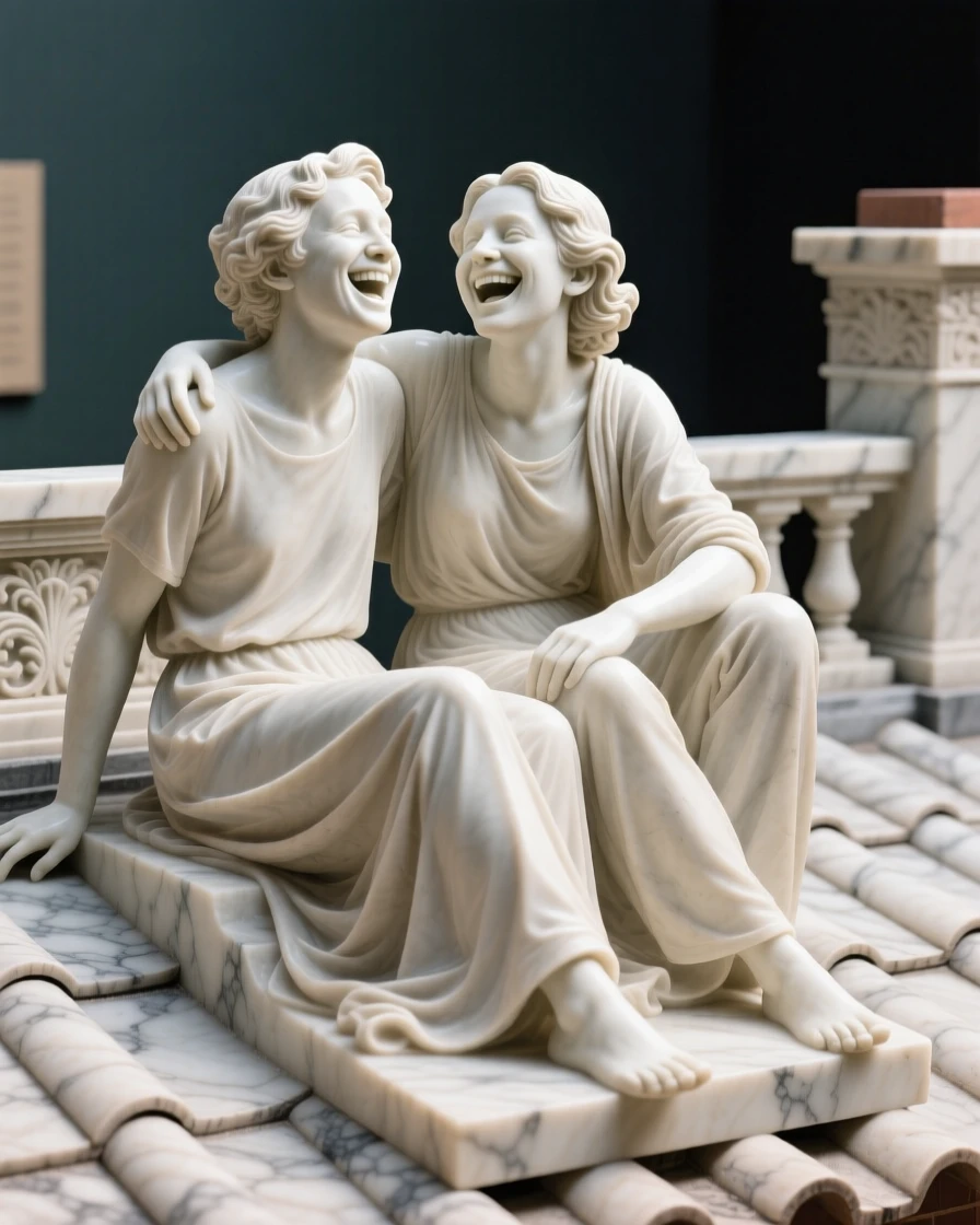 A joyful scene of best friends laughing together on a rooftop, capturing warmth, togetherness, and belonging
