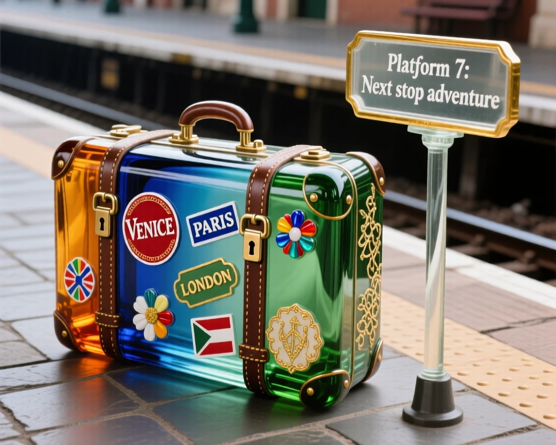 A vintage suitcase covered in travel stickers resting at a train platform, adventurous and nostalgic.