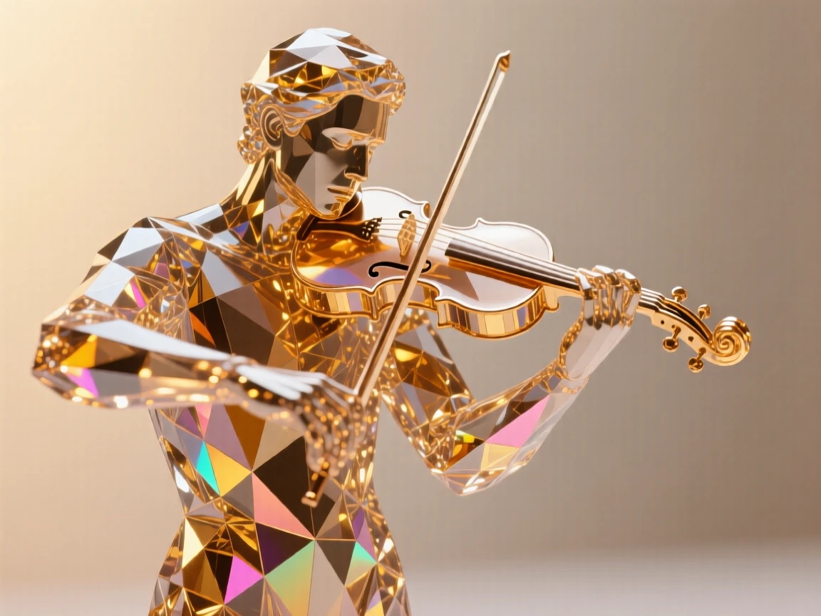 A musician lost in emotion while playing violin in dim golden stage light.