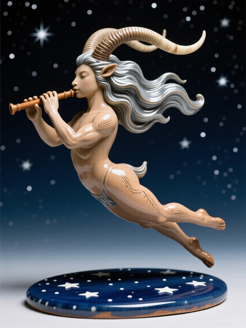 A horned faun playing a wooden flute frozen mid-flight against a starry sky, with a mane that flows like liquid silver, stirring a sense of awe and quiet reverence.