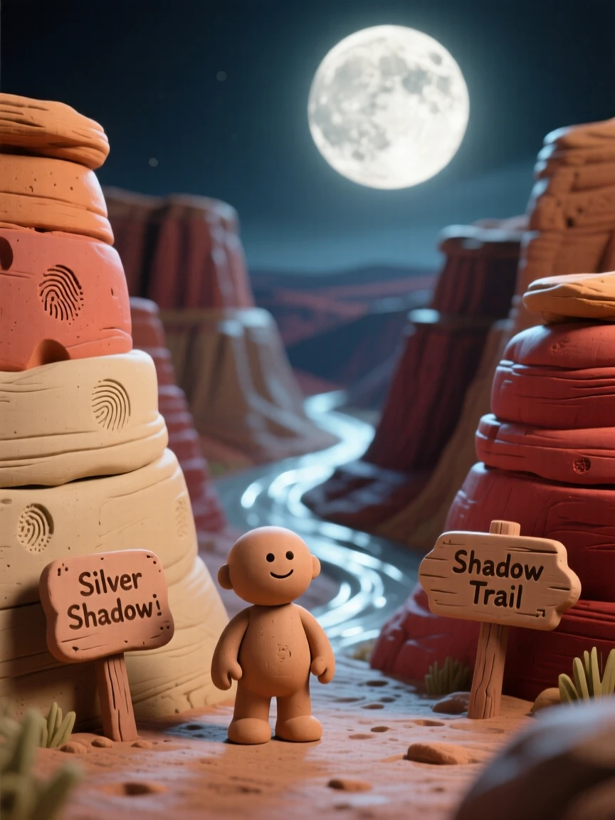 A canyon glowing under a full moon casting long silver shadows
